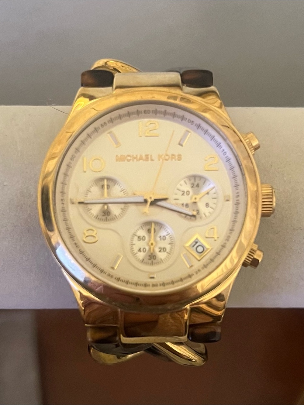 Michael Kors Gold and Animal Print Acrylic Link Chronograph Bracelet Watch
